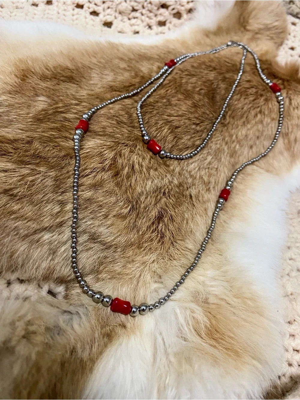 Silver Pearl & Red Coral Necklaces - Navajo Pearl Style - Stainless Steel - Picture 2 of 9